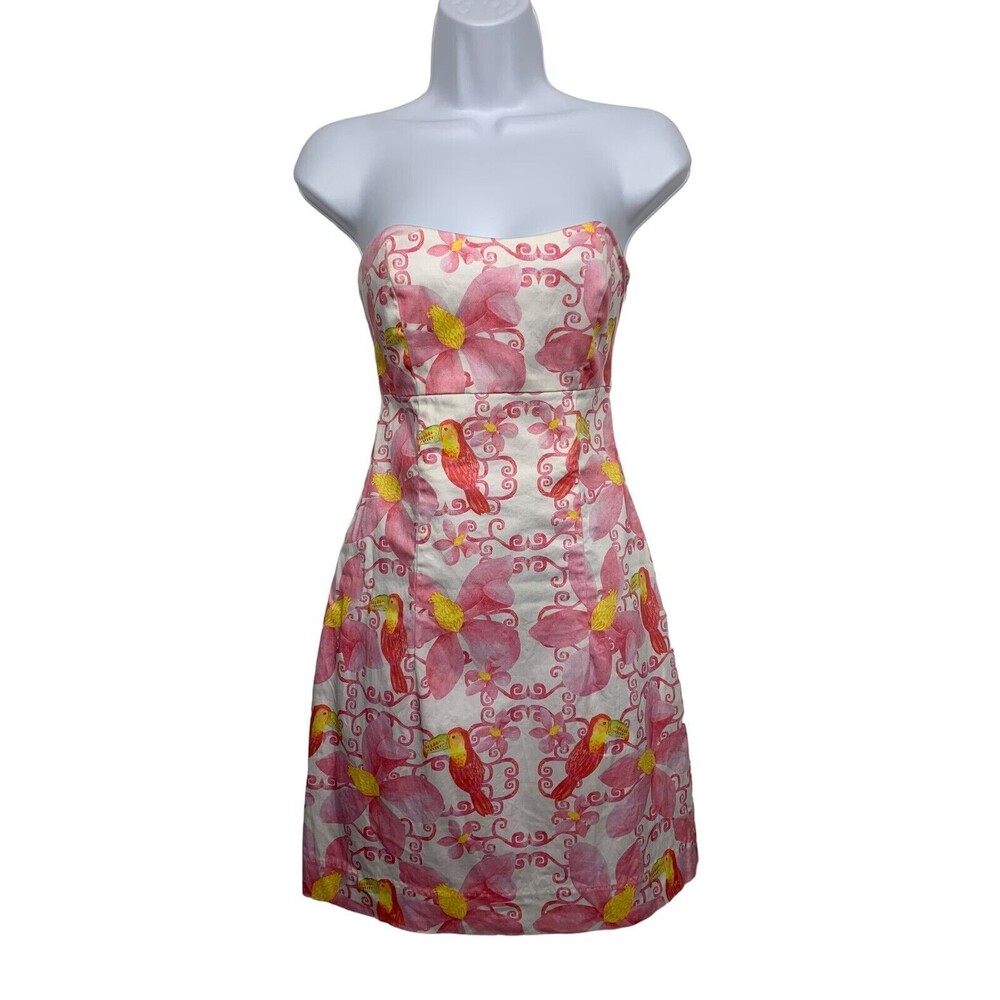 Kaeli Smith Women's size 0 Pink Toucan Bird Print Strapless Mini Dress Lined